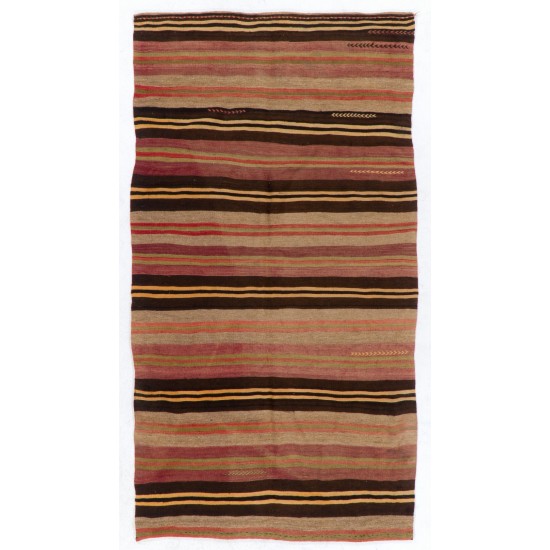 Vintage Striped Handwoven Anatolian Kilim Rug for Home & Office Decor, 100% Wool. 5 x 9.6 Ft (155 x 290 cm)