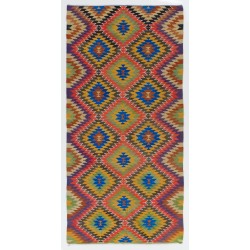 Geometric Pattern Vintage Turkish Kilim (Flat-Weave). Handwoven Hallway Runner Made of Wool. 5.2 x 10.4 Ft (156 x 315 cm)
