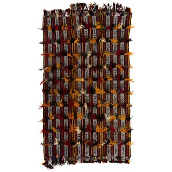 Handmade Vintage Turkish Village Kilim (Flat-weave) with Wool & Cotton Poms. 5.2 x 9.2 Ft (157 x 280 cm)