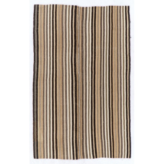 Authentic Handmade Turkish Kilim (Flat-Weave) with Vertical Bands, 100% Wool. 5.2 x 7.8 Ft (158 x 237 cm)