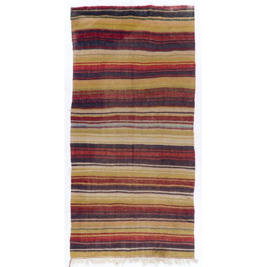 Multicolored Banded Handwoven Vintage Turkish Wool Runner Kilim for Hallway Decor. 5.2 x 10.4 Ft (158 x 315 cm)