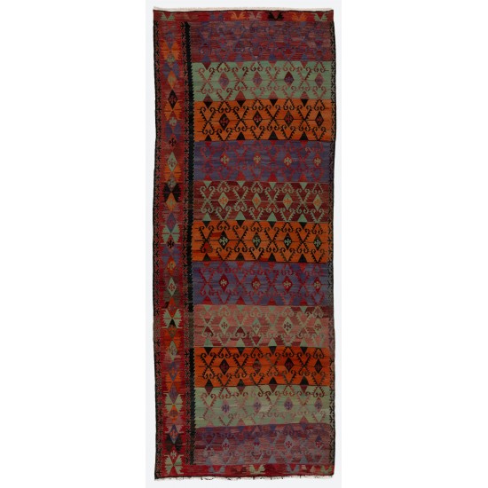 Colorful Hand-Woven Vintage Turkish Runner Kilim (Flat-weave). Geometric Pattern Corridor Kilim. 5.2 x 13.2 Ft (158 x 400 cm)
