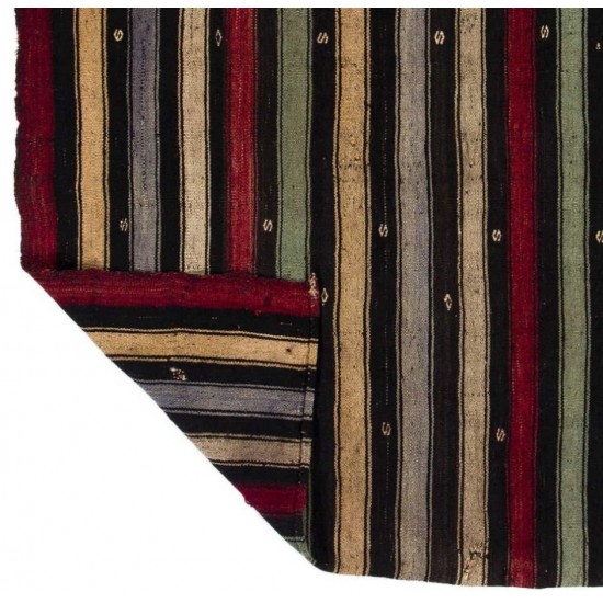 Authentic Handmade Turkish Kilim (Flat-Weave) with Vertical Bands, 100% Wool. 5.3 x 6 Ft (160 x 185 cm)