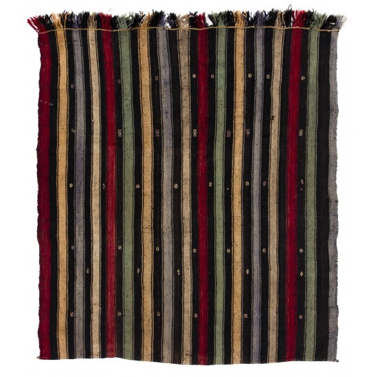 Authentic Handmade Turkish Kilim (Flat-Weave) with Vertical Bands, 100% Wool. 5.3 x 6 Ft (160 x 185 cm)