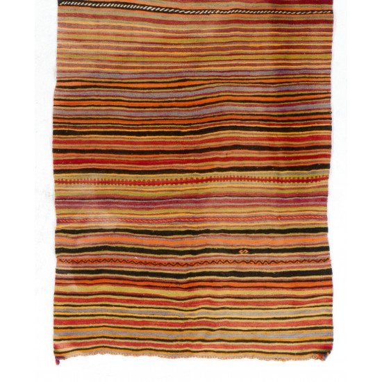 Multicolored Banded Handwoven Vintage Turkish Wool Runner Kilim for Hallway Decor. 5.3 x 12.8 Ft (160 x 390 cm)
