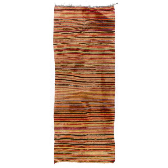 Multicolored Banded Handwoven Vintage Turkish Wool Runner Kilim for Hallway Decor. 5.3 x 12.8 Ft (160 x 390 cm)