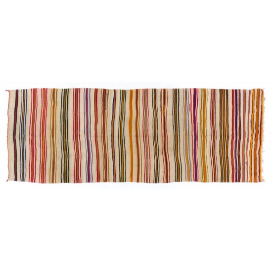 Multicolored Banded Handwoven Vintage Turkish Wool Runner Kilim for Hallway Decor. 5.3 x 13.7 Ft (160 x 417 cm)