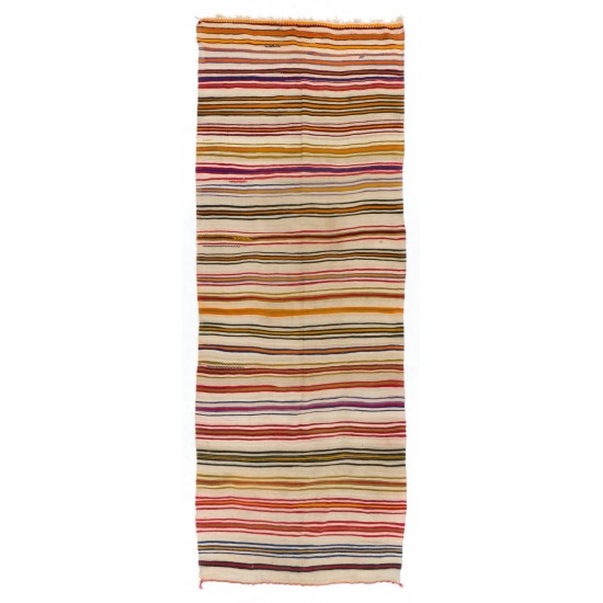 Multicolored Banded Handwoven Vintage Turkish Wool Runner Kilim for Hallway Decor. 5.3 x 13.7 Ft (160 x 417 cm)