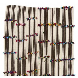 Nomadic Handwoven Turkish Kilim, Striped Vintage Rug with Cotton Colorful Poms. 5.5 x 10.8 Ft (167 x 327 cm)