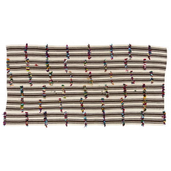 Nomadic Handwoven Turkish Kilim, Striped Vintage Rug with Cotton Colorful Poms. 5.5 x 10.8 Ft (167 x 327 cm)