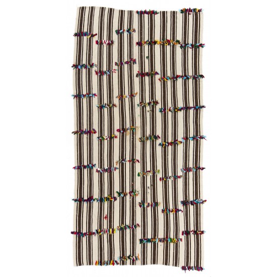 Nomadic Handwoven Turkish Kilim, Striped Vintage Rug with Cotton Colorful Poms. 5.5 x 10.8 Ft (167 x 327 cm)