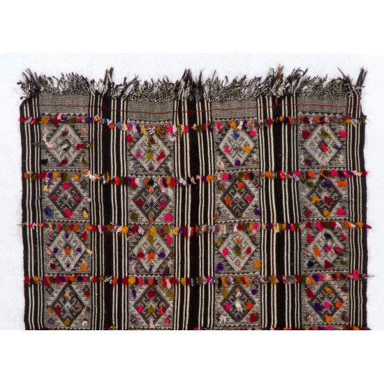 Turkish Kilim "Flat-Weave", Handwoven Vintage Rug with Colorful Pomps. 5.6 x 7.3 Ft (170 x 220 cm)