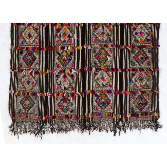 Turkish Kilim "Flat-Weave", Handwoven Vintage Rug with Colorful Pomps. 5.6 x 7.3 Ft (170 x 220 cm)