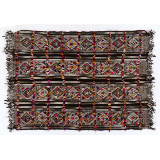 Turkish Kilim "Flat-Weave", Handwoven Vintage Rug with Colorful Pomps. 5.6 x 7.3 Ft (170 x 220 cm)