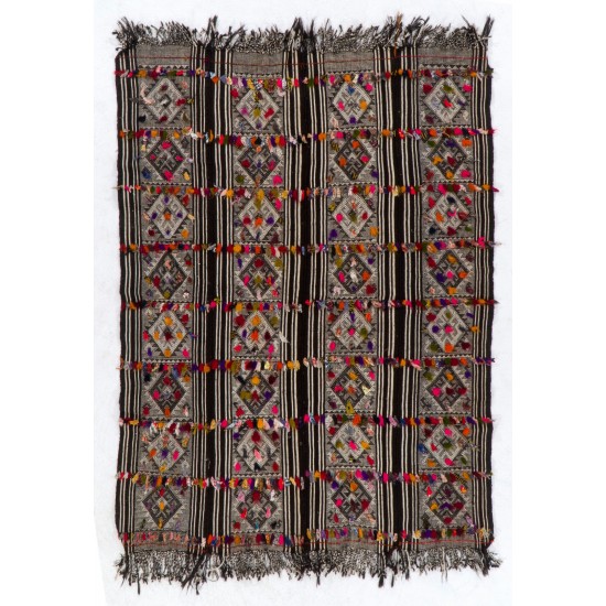 Turkish Kilim "Flat-Weave", Handwoven Vintage Rug with Colorful Pomps. 5.6 x 7.3 Ft (170 x 220 cm)