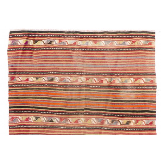 Multicolored Vintage Handmade Turkish Authentic Kilim "Flat-Weave". 100% Wool. 5.6 x 7.8 Ft (170 x 236 cm)