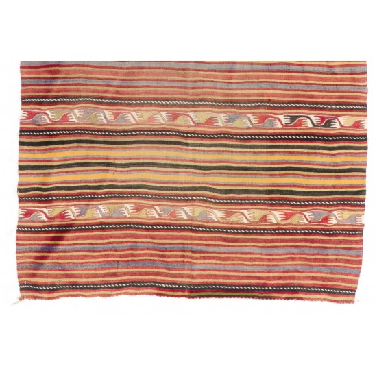 Multicolored Vintage Handmade Turkish Authentic Kilim "Flat-Weave". 100% Wool. 5.6 x 7.8 Ft (170 x 236 cm)
