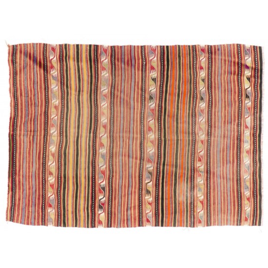 Multicolored Vintage Handmade Turkish Authentic Kilim "Flat-Weave". 100% Wool. 5.6 x 7.8 Ft (170 x 236 cm)