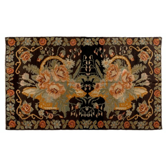 Bessarabian Vintage Hand-Woven Moldovian Wool Kilim, Unique Floral Pattern 50 years old Kilim Rug. 5.6 x 9.3 Ft (170 x 282 cm)