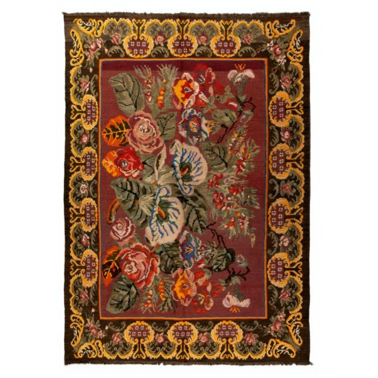 Bessarabian Vintage Hand-Woven Moldovian Wool Kilim, Unique Floral Pattern 50 years old Kilim Rug. 5.8 x 7.9 Ft (176 x 240 cm)