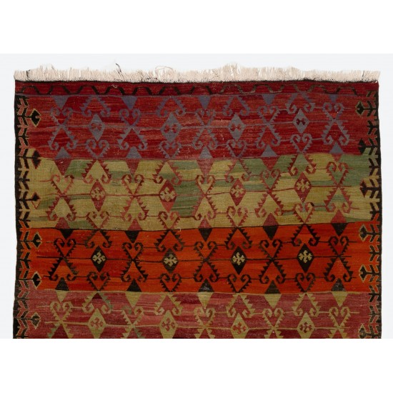 Hand-Woven Vintage Turkish Runner Kilim (Flat-weave). Geometric Pattern Corridor Kilim. 6 x 12.9 Ft (183 x 392 cm)