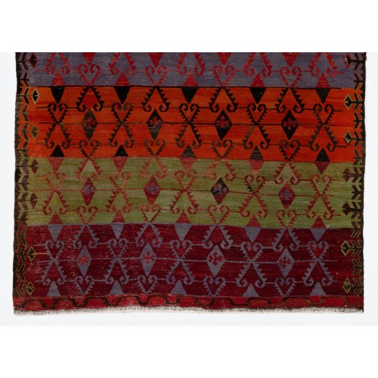 Hand-Woven Vintage Turkish Runner Kilim (Flat-weave). Geometric Pattern Corridor Kilim. 6 x 12.9 Ft (183 x 392 cm)