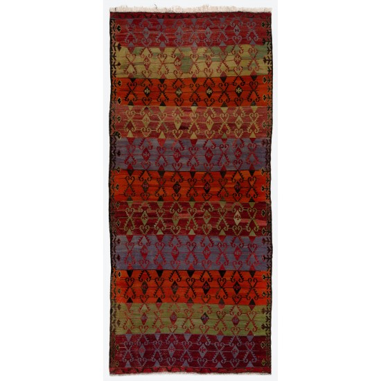 Hand-Woven Vintage Turkish Runner Kilim (Flat-weave). Geometric Pattern Corridor Kilim. 6 x 12.9 Ft (183 x 392 cm)