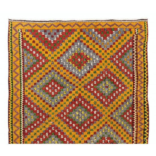 Fantastic Vintage Turkish Kilim with Geometric Design in Red, Yellow, Green, Gray Colors. 6 x 10.7 Ft (185 x 324 cm)