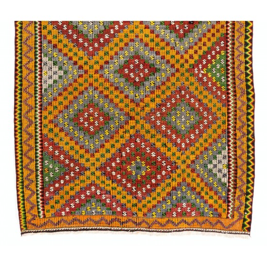 Fantastic Vintage Turkish Kilim with Geometric Design in Red, Yellow, Green, Gray Colors. 6 x 10.7 Ft (185 x 324 cm)