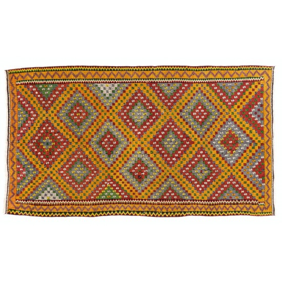 Fantastic Vintage Turkish Kilim with Geometric Design in Red, Yellow, Green, Gray Colors. 6 x 10.7 Ft (185 x 324 cm)