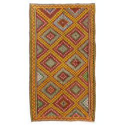 Fantastic Vintage Turkish Kilim with Geometric Design in Red, Yellow, Green, Gray Colors. 6 x 10.7 Ft (185 x 324 cm)