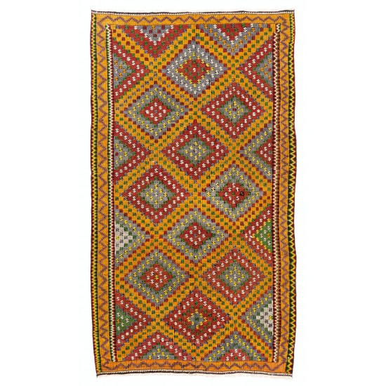 Fantastic Vintage Turkish Kilim with Geometric Design in Red, Yellow, Green, Gray Colors. 6 x 10.7 Ft (185 x 324 cm)