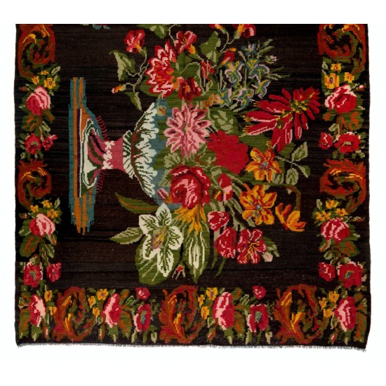 Bessarabian Vintage Hand-Woven Moldovian Wool Kilim, Unique Floral Pattern 50 years old Kilim Rug. 6.2 x 11.2 Ft (186 x 339 cm)