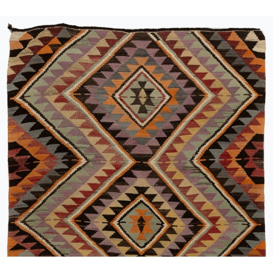 Hand-Woven Vintage Turkish Runner Kilim (Flat-weave). Geometric Pattern Corridor Kilim. 6.2 x 10.9 Ft (187 x 330 cm)