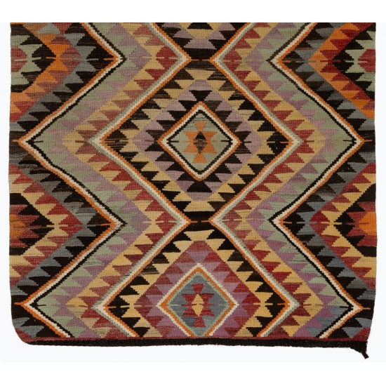 Hand-Woven Vintage Turkish Runner Kilim (Flat-weave). Geometric Pattern Corridor Kilim. 6.2 x 10.9 Ft (187 x 330 cm)