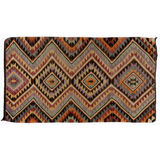 Hand-Woven Vintage Turkish Runner Kilim (Flat-weave). Geometric Pattern Corridor Kilim. 6.2 x 10.9 Ft (187 x 330 cm)