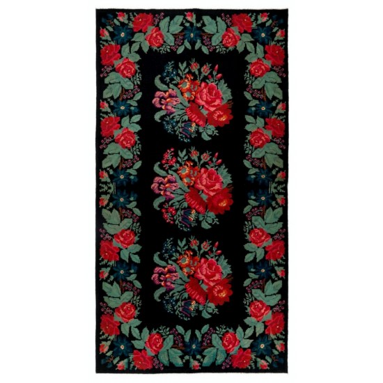 Bessarabian Vintage Hand-Woven Moldovian Wool Kilim, Unique Floral Pattern 50 years old Kilim Rug. 6.2 x 11.5 Ft (187 x 349 cm)