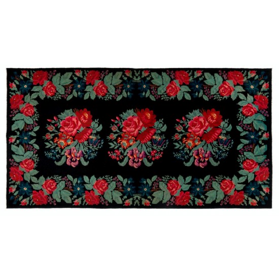 Bessarabian Vintage Hand-Woven Moldovian Wool Kilim, Unique Floral Pattern 50 years old Kilim Rug. 6.2 x 11.5 Ft (187 x 349 cm)