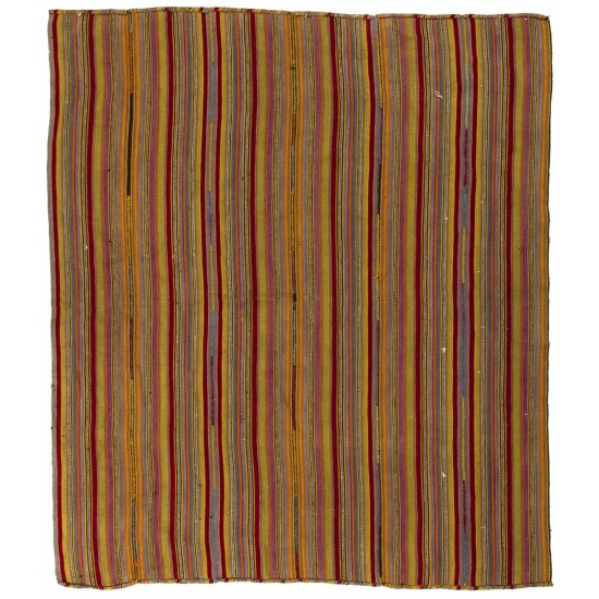 Handwoven Vintage Anatolian Kilim (Flat-weave) with Vertical Bands, 100% Wool. 6.2 x 7.2 Ft (188 x 217 cm)