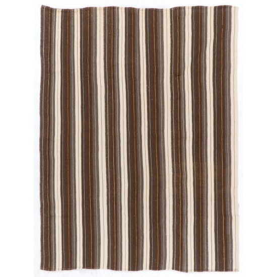 Handwoven Vintage Anatolian Kilim Made of Natural Undyed Organic Wool, Ivory & Brown Color Rug. 6.3 x 7.9 Ft (190 x 240 cm)