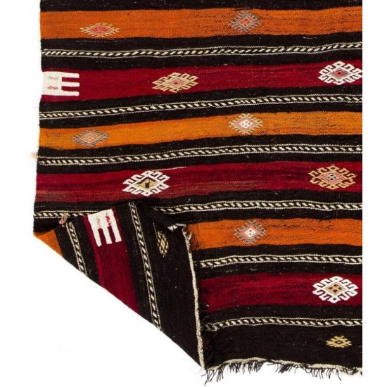 Handwoven Vintage Turkish Kilim Made of Natural Organic Wool. Red, Orange & Black Color Rug. 6.3 x 9.8 Ft (190 x 296 cm)