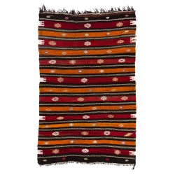 Handwoven Vintage Turkish Kilim Made of Natural Organic Wool. Red, Orange & Black Color Rug. 6.3 x 9.8 Ft (190 x 296 cm)