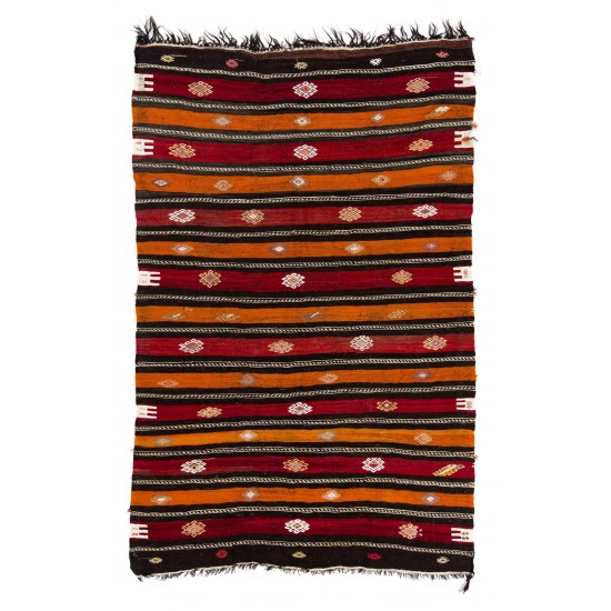 Handwoven Vintage Turkish Kilim Made of Natural Organic Wool. Red, Orange & Black Color Rug. 6.3 x 9.8 Ft (190 x 296 cm)
