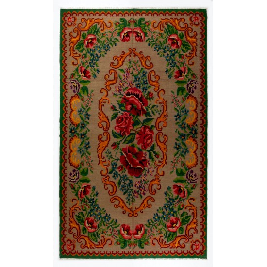 Bessarabian Vintage Hand-Woven Moldovian Wool Kilim, Unique Floral Pattern 50 years old Kilim Rug. 6.3 x 10.4 Ft (191 x 316 cm)