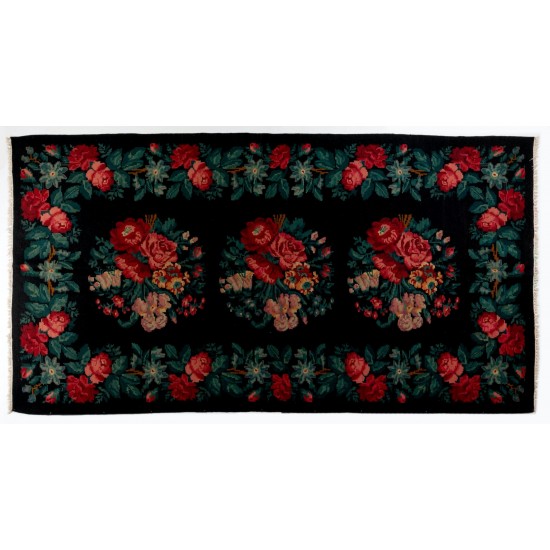 Bessarabian Vintage Hand-Woven Moldovian Wool Kilim, Unique Floral Pattern 50 years old Kilim Rug. 6.3 x 11.8 Ft (191 x 358 cm)