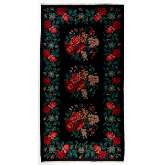 Bessarabian Vintage Hand-Woven Moldovian Wool Kilim, Unique Floral Pattern 50 years old Kilim Rug. 6.3 x 11.8 Ft (191 x 358 cm)