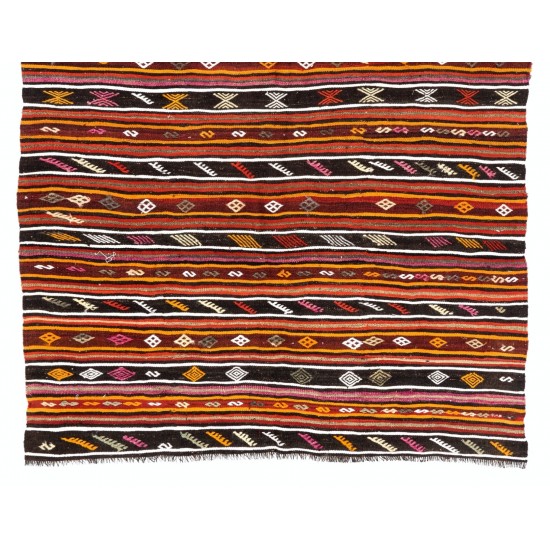 Handwoven Vintage Turkish Kilim Made of Natural Natural Brown and Beige Wool. 6.6 x 10 Ft (200 x 306 cm)