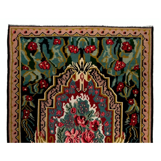 Bohomian Vintage Rose Kilim, Bessarabian Hand-Woven Area Kilim Rug Made of Wool. 6.6 x 10.5 Ft (200 x 318 cm)
