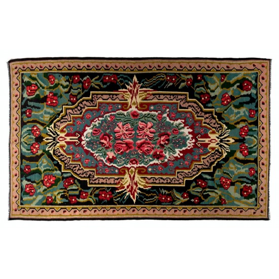 Bohomian Vintage Rose Kilim, Bessarabian Hand-Woven Area Kilim Rug Made of Wool. 6.6 x 10.5 Ft (200 x 318 cm)
