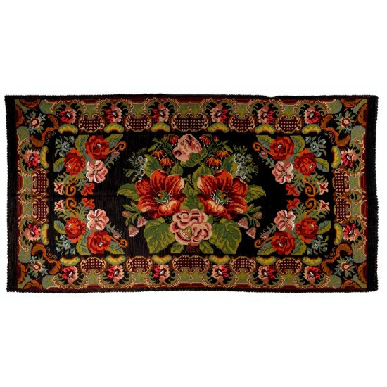 Bessarabian Vintage Hand-Woven Moldovian Wool Kilim, Unique Floral Pattern 50 years old Kilim Rug. 6.6 x 12.2 Ft (200 x 369 cm)